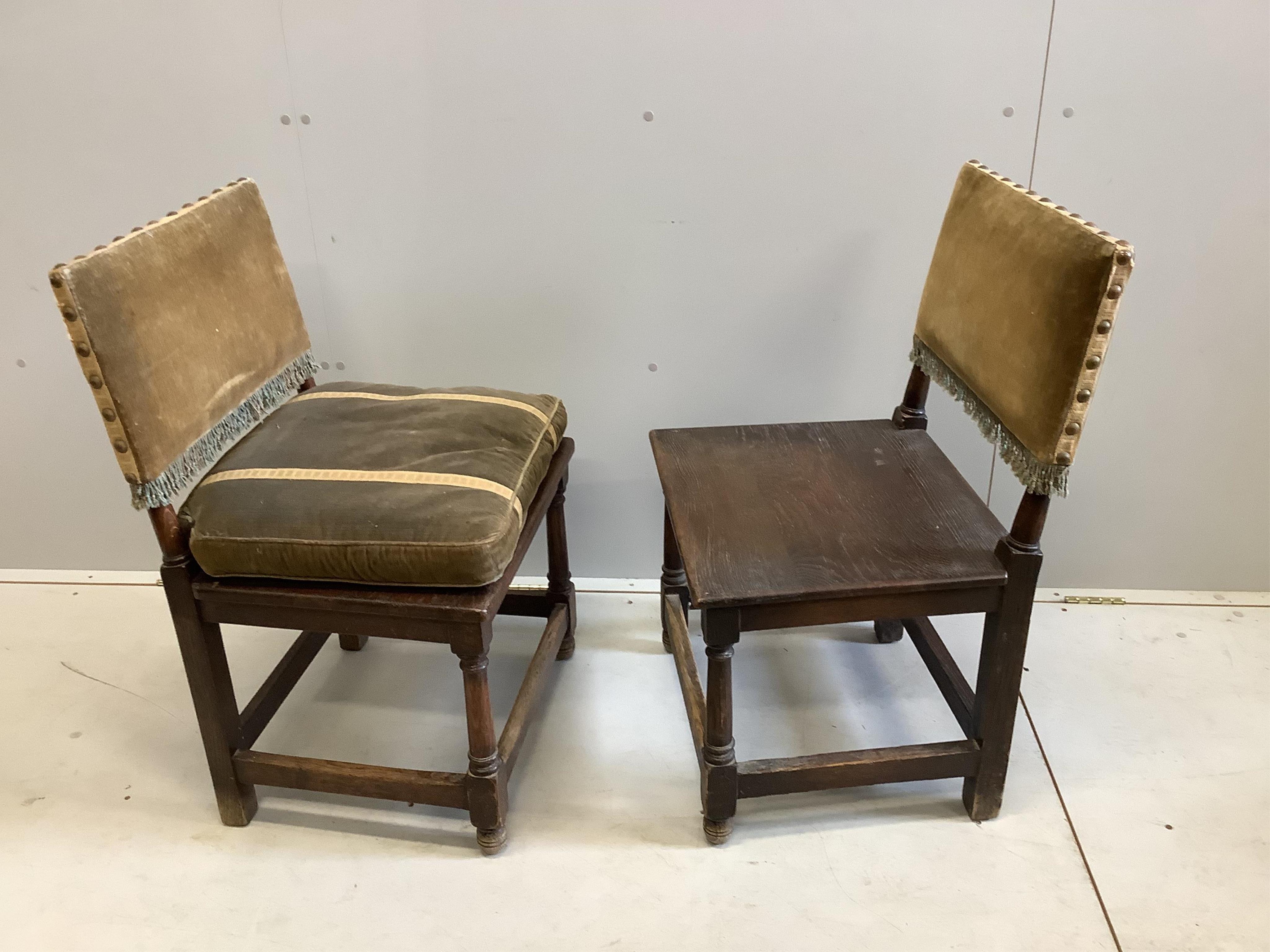 A pair of 18th century style oak back stools, width 53cm, depth 45cm, height 85cm. Condition - fair